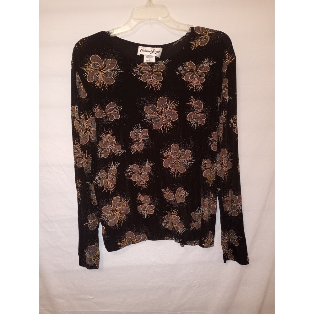 Christine Gerard‎ 1X Top Black Gold Floral Embossed Longsleeve Stretch